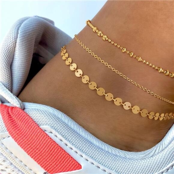 Simple Gold Chain Anklet,14k Gold/SilverPlated Dainty Disc Evil Eye Summer Beach - Picture 3 of 7